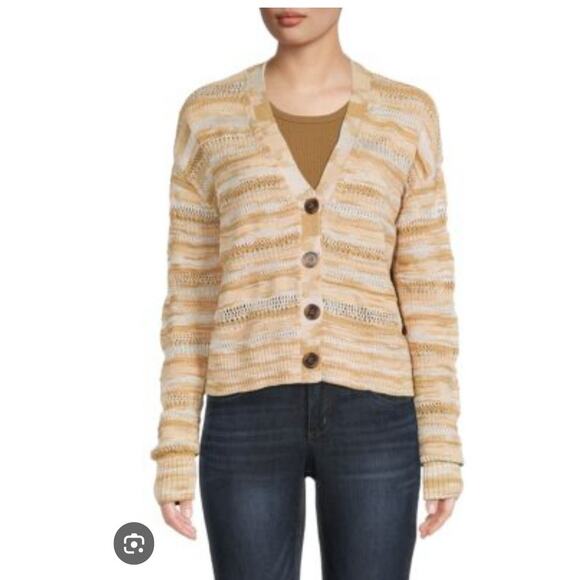 Veronica Beard Goliad Cardigan Women's XS Tan Cream Open Knit Stripe Casual Boho - Picture 11 of 15